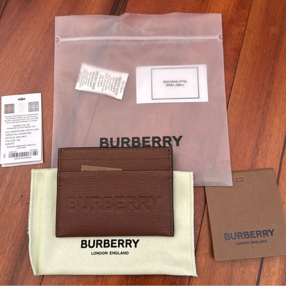 NWT Burberry Sandon Logo Brown Embossed Smooth Leather Card Case Wallet Dust Bag - Picture 7 of 8